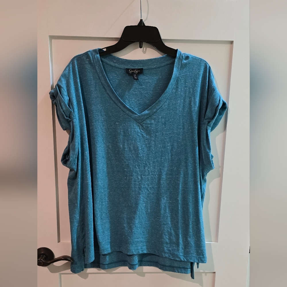 Jessica Simpson Teal V-Neck Short Sleeve Top